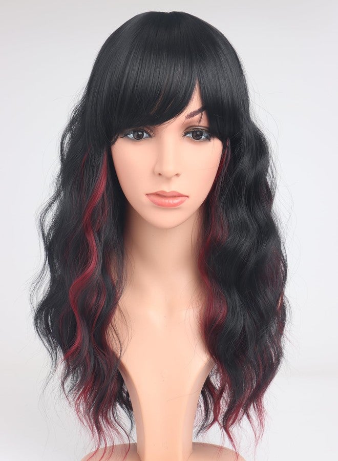 SYMEIW Burdundy-Black Hair Wavy Wigs With Bangs For Women Synthetic Black Hair With Red Undertones Wigs For Daily Use Everyday Wear. - Image 1